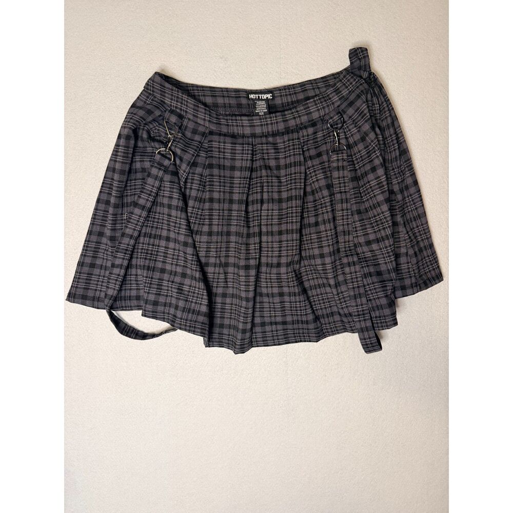Hot Topic Gray Black Plaid Pleated Punk Mini Skirt D-Ring Straps Size L